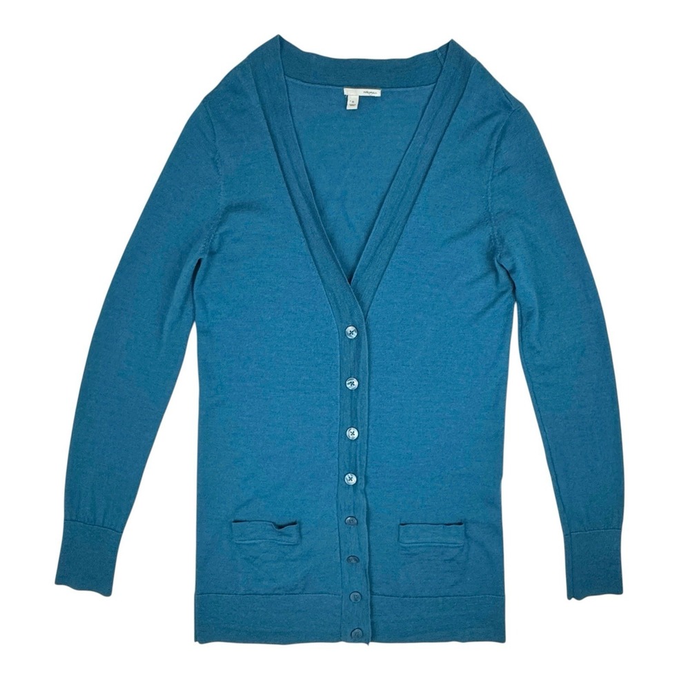 Halogen Cardigan Sweater Women's Medium 100% Merino Wool V-Neck Teal Lightweight